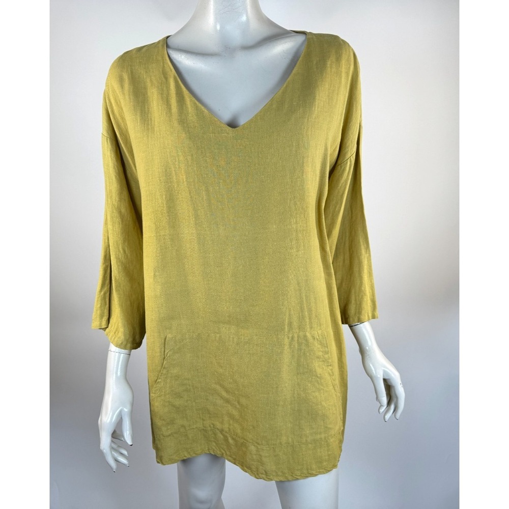 Bryn Walker Linen Tunic Top Women L Flaw* 3/4 Sleeve Pocket Oversized Relaxed